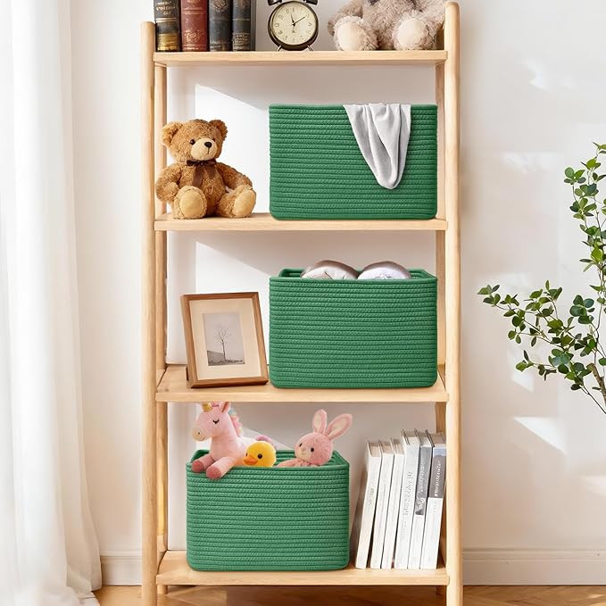 Storage Baskets for Organizing, 4 Pack Baskets for Shelves, Decorative Storage Bins for Shelves, Cotton Rope Storage Basket with Handles, Woven Basket for Storage, 13''Lx8.7''Wx7.9''H, Green - Image 2