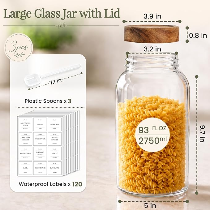 CONNOO 3Pcs-93oz Large Cereal Containers Storage with Acacia Wood Lids | Pantry Organization, Store Flour, Sugar, Rice, Pasta, Cereal & Dry Foods, Includes 120 Waterproof Labels - Image 3