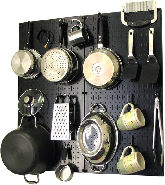 Wall Control Kitchen Pegboard Organizer Pots and Pans Storage Rack Organization Kit with Black Pegboard and Black Accessories by Wall+Control