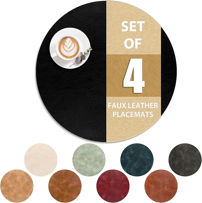 ADRIMER Placemats, Heat Resistant Round Placemats Set of 4 Washable, Waterproof Table Mats, Wipeable Faux Leather Place Mats for Kitchen, Dining Room, Black by Adrimersdreamistobeanindispensablecompanioninyourlife