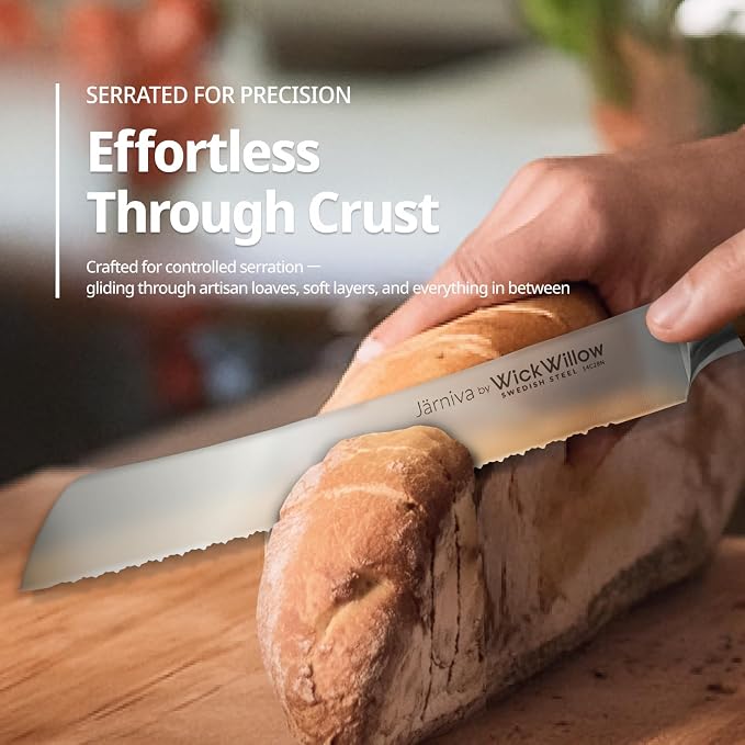 WICKWILLOW 8” Double Serrated Bread Knife – Swedish Steel, Olive Wood | Perfect for sourdough, homemade bread and artisan loaves. Hand wash only. Gift box included. - Image 7