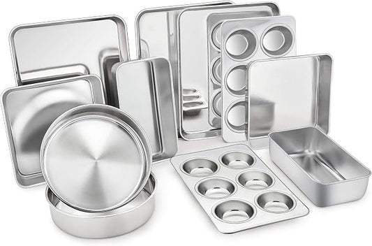 TeamFar Stainless Steel Bakeware Set of 11 | Toaster Oven Baking Pan Set, Lasagna Pan, Square & Round Cake Pan, Loaf Pan & Muffin Pan, Healthy & Sturdy, Dishwasher Safe by TeamFar