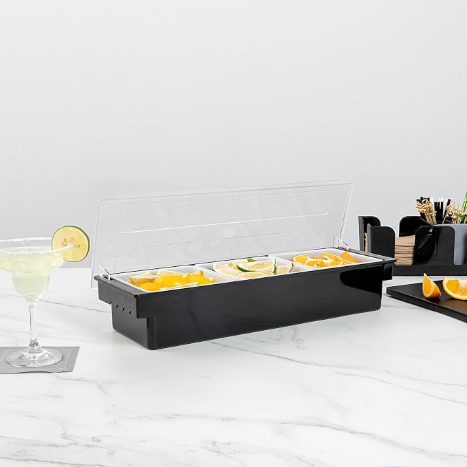 Restaurantware Bar Lux 19.6 x 6.3 x 3.7 Inch Condiment Caddy 1 Durable Bar Caddy - 3 Removable Compartments Built-In Lid Black Plastic Condiment Holder For Restaurant Store Cocktail Garnish - Image 8