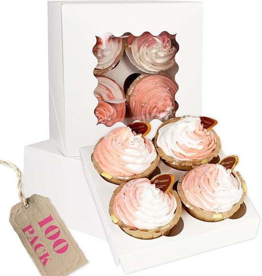 qiqee Auto-pop Up Cupcake Boxes with Window White 100PCS 4 Count Cupcake Box 6.3"x6.3"x3" Cupcakes Carrier, 4 Cupcake Containers by Qiqee