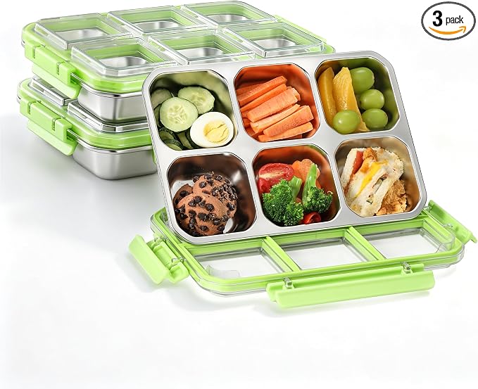 Stainless Steel Snack Containers with Lids, Lunchable Container 6 Compartment Snack Containers, Bento Lunch Box Divided Food Storage for Portion Control Meal Prep Reusable Snackle (3) by BEFOY