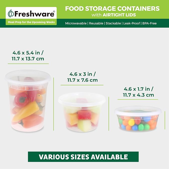Freshware Food Storage Containers with Lids [60 Pack 8, 16, 32 oz, 20 sets each size] Plastic Deli Containers, Meal Prep Containers, Microwave and Freezer Safe, Stackable, Leakproof, BPA Free, Clear - Image 3