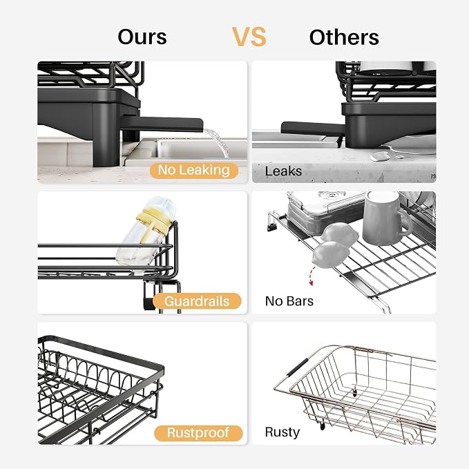 Dish Drying Rack, Extendable Dish Rack, Large Sink Drying Dish Drainer for Kitchen Counter, Carbon Steel Dish Strainer with Utensil Holder,Black - Image 4