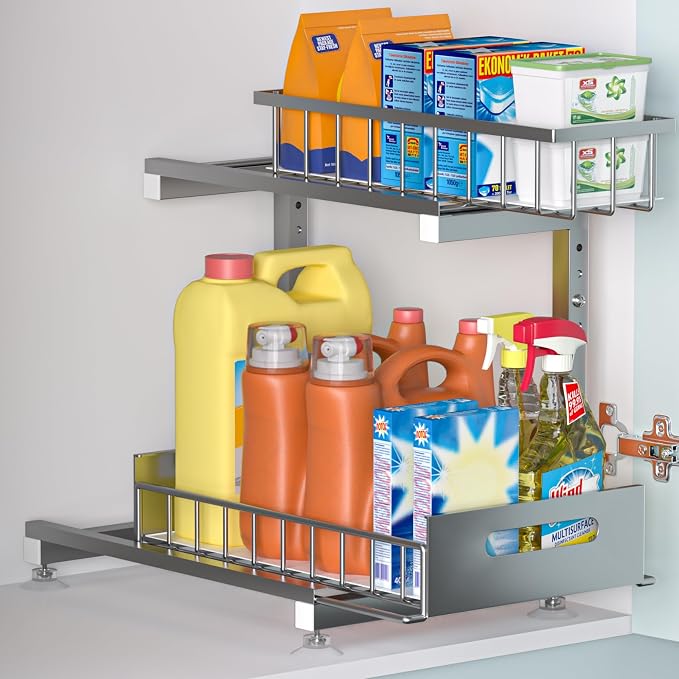 L-Shaped Under Sink Organizer, 2-Tier Pull-out Cabinet Rack 1-Pack | Grey Height-Adjustable Metal Rack, Sliding Grid Drawers with Safety Stopper, Holds 100 Lbs, Ideal Kitchen Cabinet Storage by Saydear