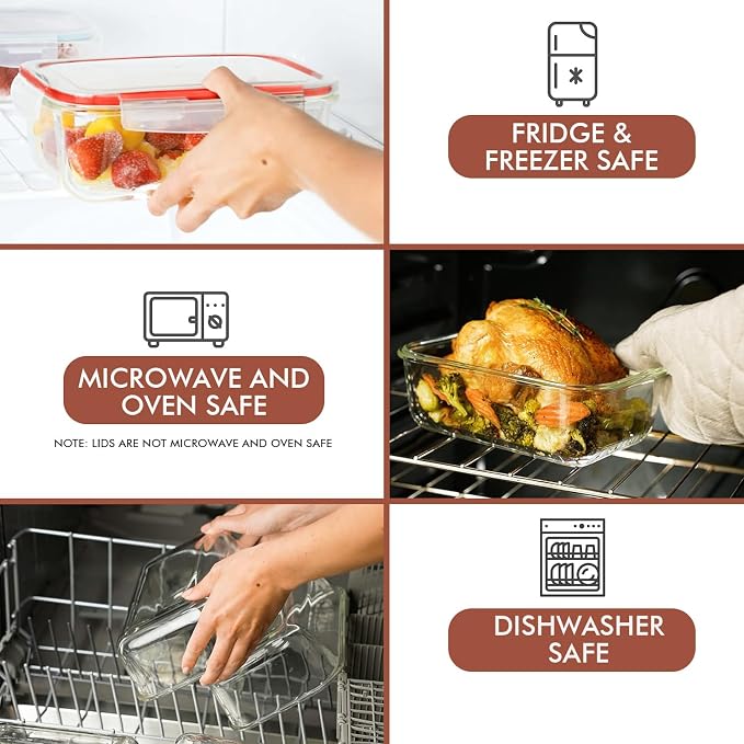 Razab 35 Pc Set Glass Food Storage Containers with Lids - Meal Prep Airtight Bento Boxes BPA-Free 100% Leak Proof (15 lids,15 glass & 5 Plastic Sauce/Dip Containers) - Image 4