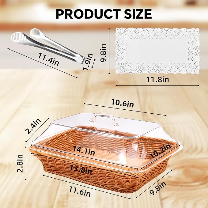 Rattan Bread Baskets, 3 Pack, rectangular Woven Baskets with Acrylic Lids, 13.8 x 9.8 inches, Stainless Steel Tongs, Lace Doilies, for Bread, Fruit, Food Display - Image 3
