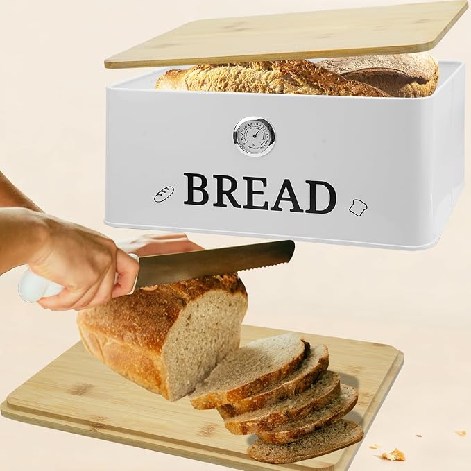 White Bread Box for Kitchen Countertop with Bamboo lid, Hygrometer Kitchen Organizer for Sourdough, Buns, and Loaves, Bread Storage Container - Image 5