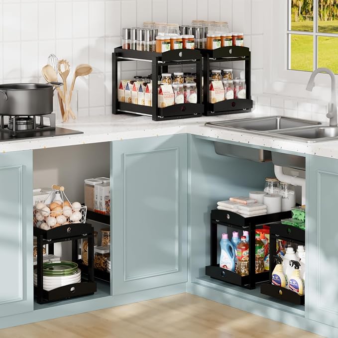 2 Pack Bamboo Under Sink Organizer, 2-Tier Sliding Drawers for Cabinets | Pull-out drawers keep cleaners and tall bottles visible, organized and easy to reach in kitchen or bathroom cabinets - Image 3