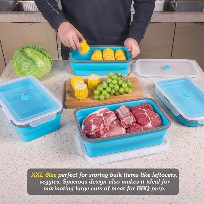 Extra Large Collapsible Food Storage Containers with Lid & Air Vent, 81 oz, 4 Pack, XXL Collapsible Marinade Container BBQ Prep Foldable Silicone Containers, Microwave Freezer Dishwasher Safe, Blue - Image 2