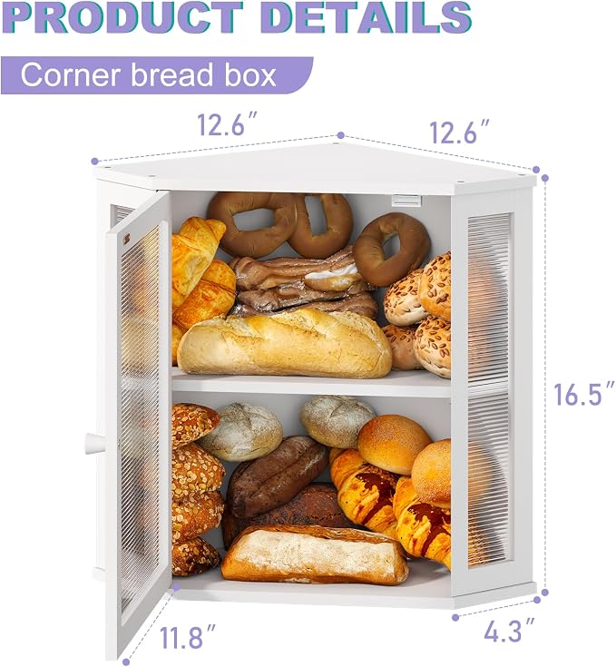 Corner Bread Box for Kitchen Countertop, Farmhouse Style with Acrylic Wavy Door Panel White Counter Bread boxes, Extra Large Food Storage Container - Image 2
