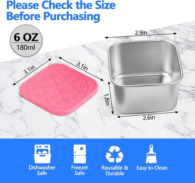 6 Pack 180ml/6oz Stainless Steel Snack Containers with Silicone Lids | 180ml Small Metal Food Storage Boxes for School Daycare Picnic Summer Camp, Reusable BPA-Free Meal Prep Condiment Cups - Image 2