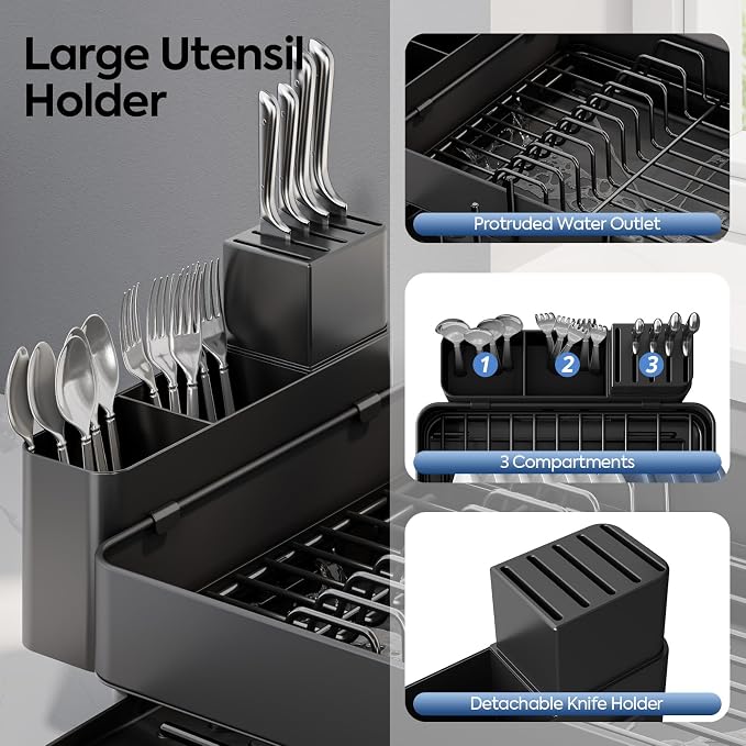 Urackify Expandable Dish Drying Rack, Stainless Steel, Large Capacity | Multifunctional Drainboard for Kitchen Countertop, Removable Cutlery Tray, Foldable Cup Holder, 20.4"L x 20"W, Black - Image 5