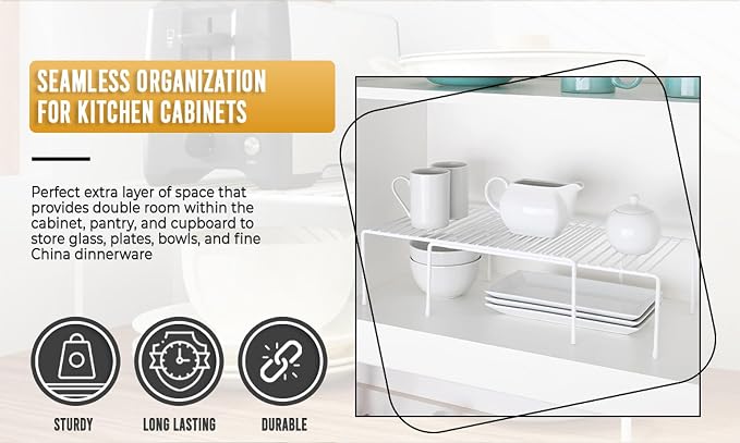 YBM Home White Wire Cabinet Helper Shelf Organizer and Storage Rack Helper for Kitchen, Expandable Kitchen Counter and Cabinet Shelf (4, 11"L x 5"W x 5"H) - Image 3