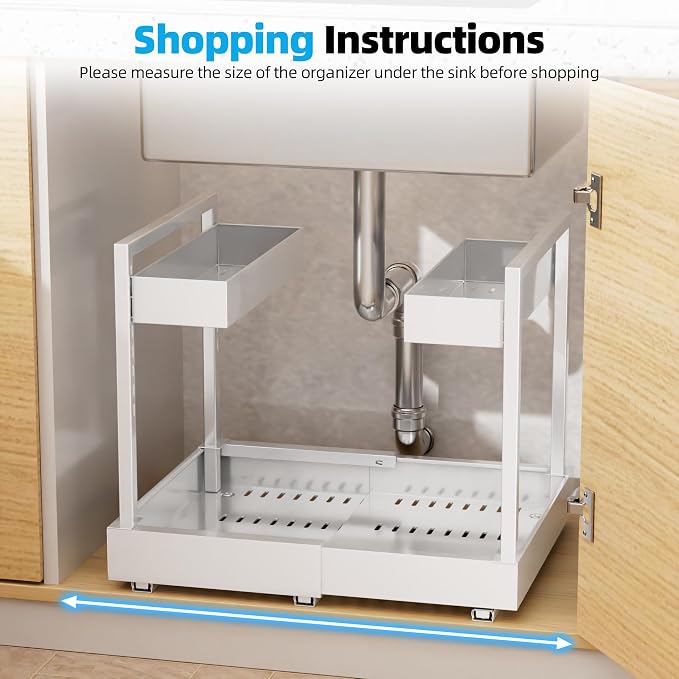 NEWMATIC Adjustable Under Sink Organizer Pull Out Drawers, 2-Tier Slide Out Cabinet Storage Shelf for Kitchen Sink, Height & Width Extendable White, 15''D x 13''-20.5''W x 15''H(1Pack) - Image 7