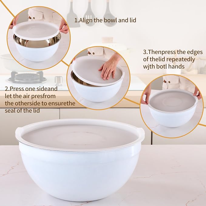 White Mixing Bowls with Airtight Lids, Stainless Steel Nesting Mixing Bowls Set of 7, Ideal for Baking, Prepping and Serving Food, Size 7, 3.6, 2.7, 2.1, 1.5, 1.1,0.8 QT, Stackable Design - Image 3