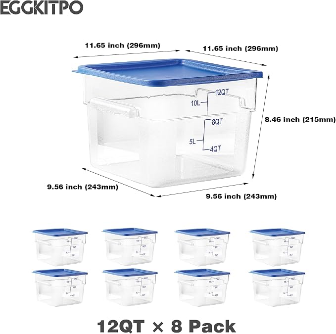 8 Pcs 12 QT Food Storage Container with Blue Lids, Handle BPA-Free Polycarbonate Hot Cold Resistant Large Square Commercial Container Set Scarle Dishwasher Freezer Safe Pantry Storage Kitchen - Image 4