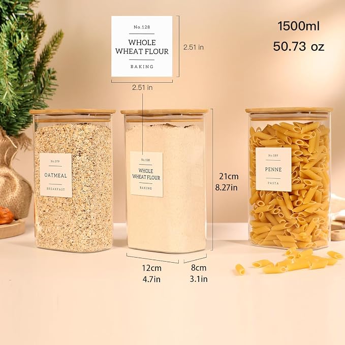 3 Pack Square Glass Pantry Storage Containers with 132 Kitchen Food Pantry Labels - 51 floz Clear Glass Pantry Jars with Airtight Wood Bamboo Lids - Glass Canisters for Candy, Cereal, Coffee, Spice - Image 3