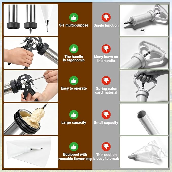 3-in-1 Cookie Press and Churro Maker, Stainless Steel Baking Gun | 11 cookie discs, 6 piping tips, filling nozzle, reusable piping bag, 2 cleaning brushes, for cookies, churros and icing - Image 5