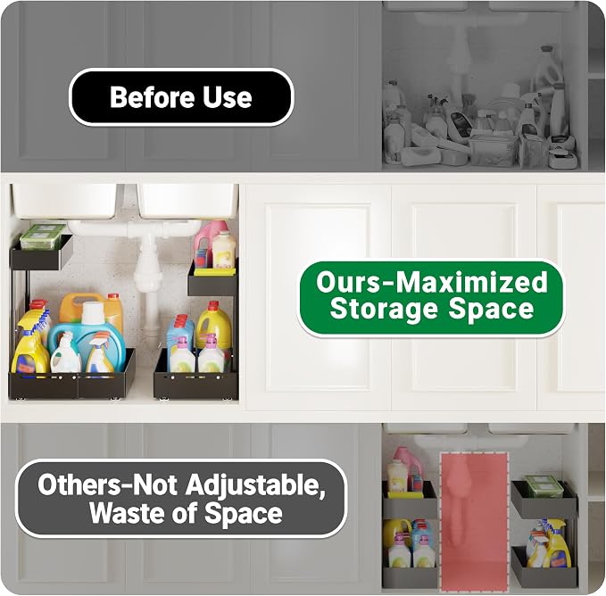 Pull Out Under Sink Organizer 2 Pack, 2 Tier Expandable Under Cabinet Storage with Height Adjustable Design for Kitchen Bathroom Laundry Room - Image 4