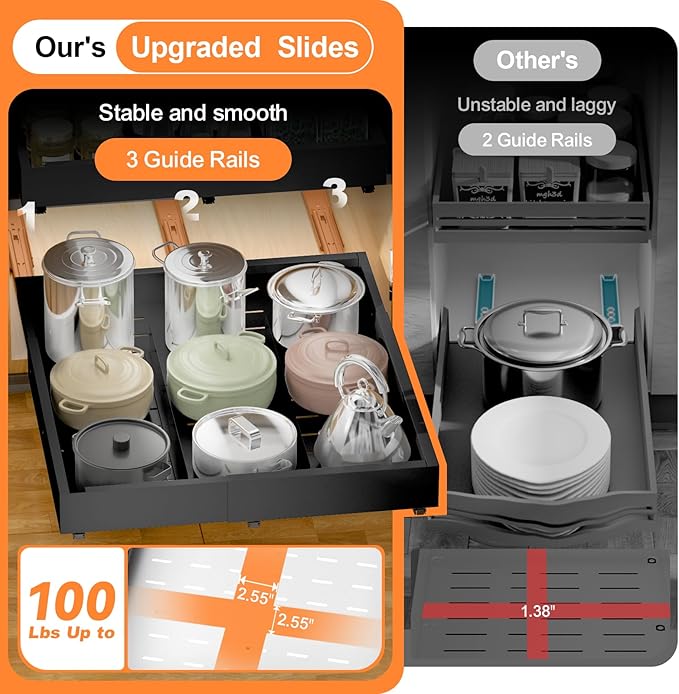 Pull out Cabinet Organizer Expandable W(12"-20") and D(16"-22"), No Drill Adjustable Slide Out Drawers With 3 Slide Rails, 2Pcs Magnetic Panel, Adhesive Roll out Shelves for Kitchen, Cabinets, Pantry - Image 3