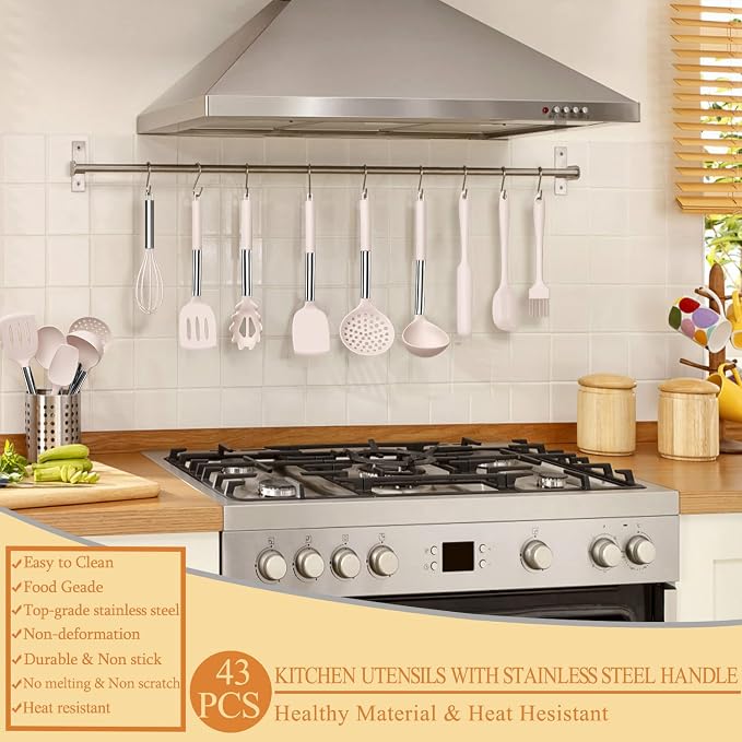 Silicone Cooking Utensil Set, Umite Chef 43 PCS Heat Resistant Kitchen Utensil Gadgets Set-Stainless Steel Handle- Kitchen Spatula Tools for Nonstick Cookware, Pots and Pans Accessories (Khaki) - Image 6
