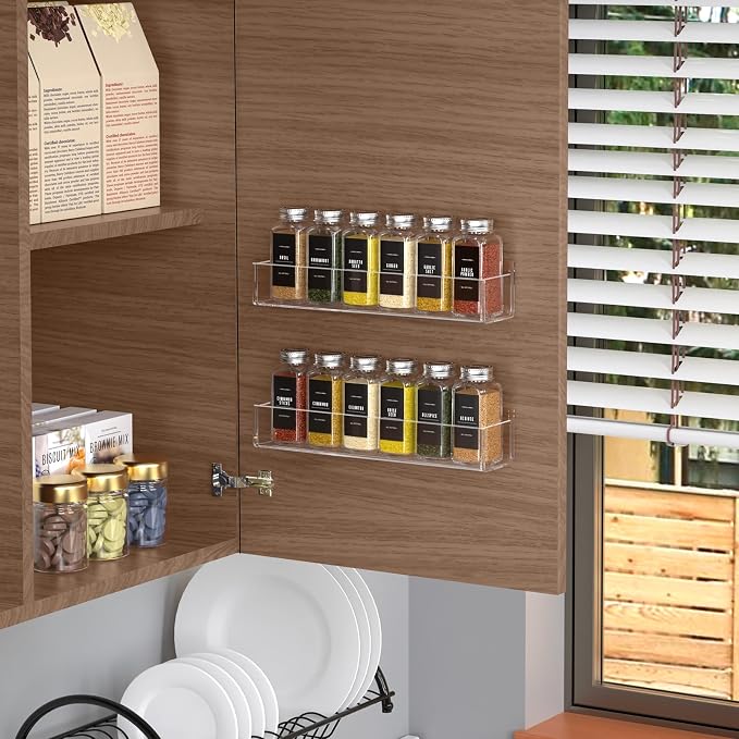 PMMASTO Adhesive Acrylic Spice Rack Organizer with 12 Empty Square Spice Jars, 238 Spice Labels with Chalk Marker and Funnel Complete Set for Kitchen Cabinet/Pantry Door (Clear - 2 Pack) - Image 2
