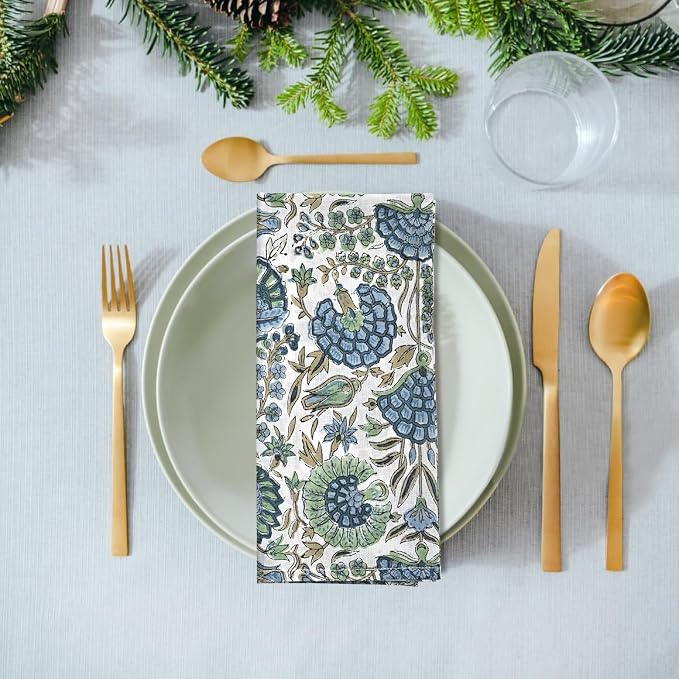 Asparagus Green Hand Block Print 100% Cotton Napkins 18" x 18" (Set of 4) Reuseable Kitchen Napkins Cloth Decor Dinner Party Wedding Cocktail Gift for Spring, Easter, Summer - Image 4