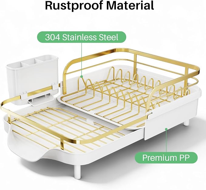 SNTD Expandable Dish Drying Rack for Kitchen Counter, 15.2-22.1 in, Gold | Rust-Resistant Stainless Steel, Protective Side Rails, Self-Draining Drainboard, Removable Utensil Holder - Image 5