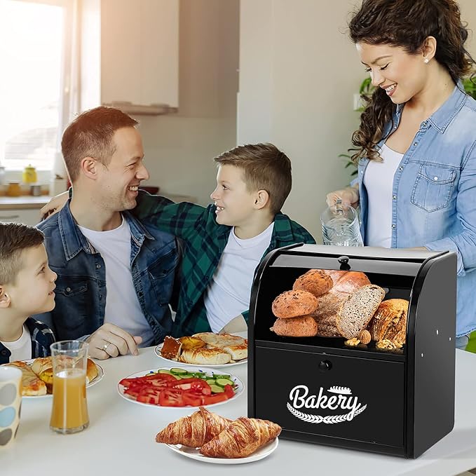 Stainless Steel Bread Box, 2 Layer Roll Top Bread Boxes, Large Capacity Food Storage Container for Kitchen Counter, Metal Bread Bin, Bread Holder for Countertop 12.6" x 9.7" x 12.8" (Black) - Image 6