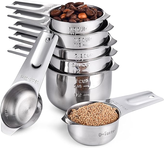 U-Taste 18/8 Stainless Steel Measuring Cups Set of 7-Piece for Dry & Liquid | Food Grade Metal Measure Cups, Dishwasher Safe Measuring Set, Nested Stackable Design, Kitchen Gadget for Baking Cooking Food by U-Taste
