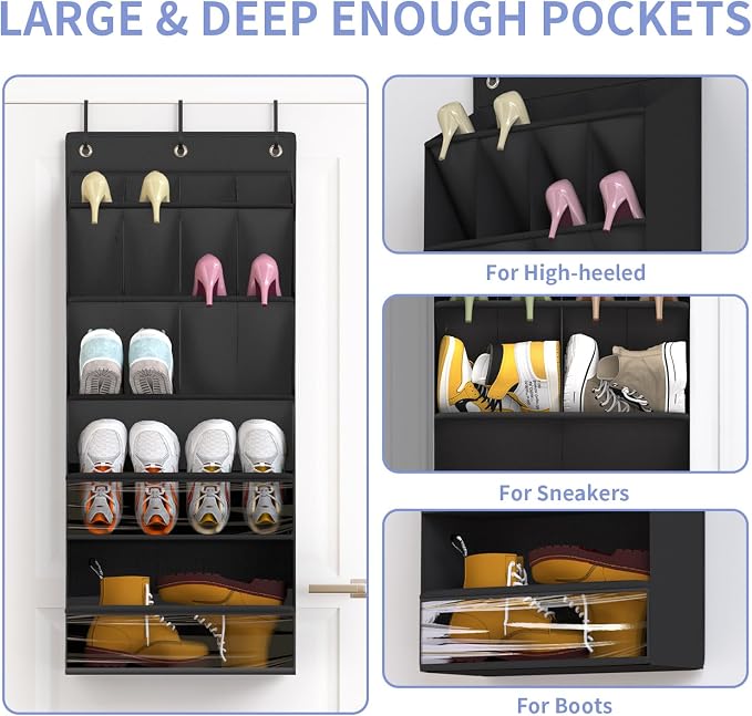 FENTEC 2 Pack Over the Door Shoe Organizer, Hanging Shoe Organizers with Large Pockets Shoe Holder Hanging Shoe Rack for Closet Shoe Organizer for Wall, Over Door Organizer with 30 Pockets, Black - Image 3