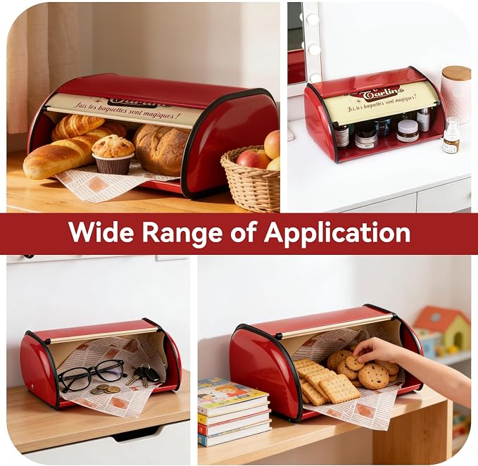 Metal Bread Storage Container, Large Capacity Vintage Roll Top Bread Box Bread Holder Bread Dispenser Kitchen Countertop Box for Kitchen Bread Storage 13.6 * 9.1 * 5.7 in (Red) - Image 3