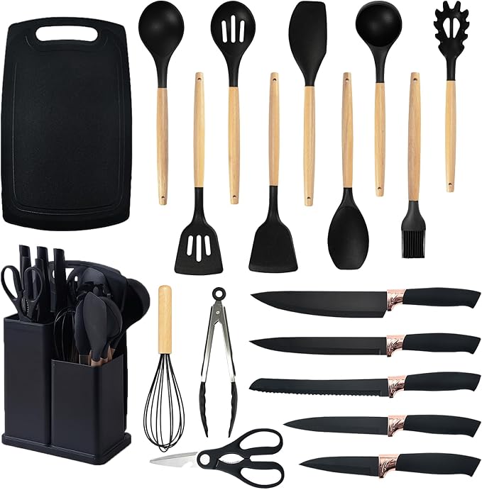 Cooking Utensils Set,19 Kitchen Set Utensils Set with 11 Pieces Spatula Cooking Utensils,Heat Resistant Silicone Utensils 6 Piece Sharp Knife Set 2 Pieces Utensil Cutting Board (Black 19 PCS Set) by SHUNIKING