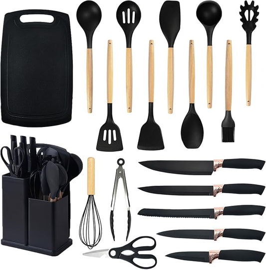Cooking Utensils Set,19 Kitchen Set Utensils Set with 11 Pieces Spatula Cooking Utensils,Heat Resistant Silicone Utensils 6 Piece Sharp Knife Set 2 Pieces Utensil Cutting Board (Black 19 PCS Set) by SHUNIKING