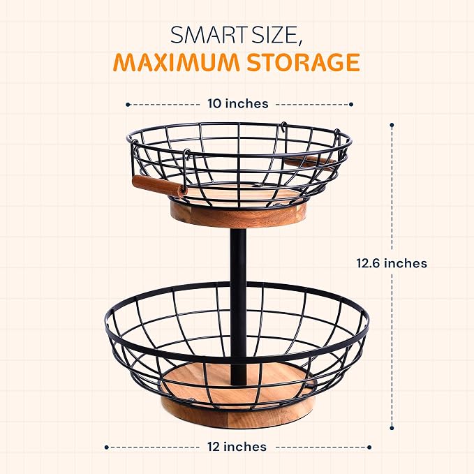 2 Tier Fruit Basket with Banana Hanger, Metal Fruit Bowl Stand with Wooden Base, Kitchen Counter Fruit Organizer for Vegetables, Bread, Snacks Storage Basket - Image 5