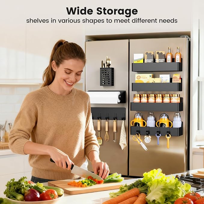 Mystozer Magnetic Spice Rack for Refrigerator,7 Pack Magnetic Shelf,Fridge Magnet Organizer with Paper Towel Holder,Utensils Racks,Hook Rack,Fridge Organizers and Storage Black(7 Pack) - Image 7