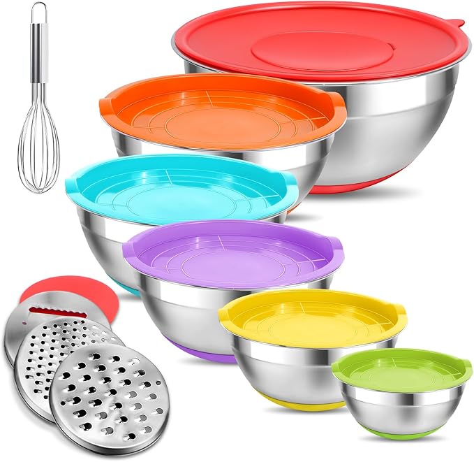 Mixing Bowls with Lids Set,10pcs Stainless Steel Mixing Bowls with Graters and Egg Whisk &Non-Slip Bottoms Food Prep Nesting Bowls for Baking, Cooking, Meal Storage(1.2QT-5.5QT) by Eallpha