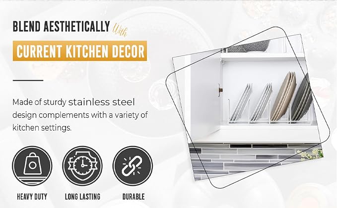 YBM Home Wire Dish Storage Rack for Plates, Cutting Boards, Bakeware, Pots and Pans, Serving Trays, Lids, and Other Cookware, 3 Section Plate Holder for Cabinets and Cupboards, Silver 2552 - Image 7