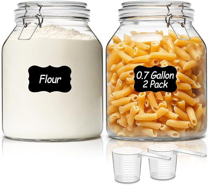 ComSaf Glass Pantry Jars with Airtight Lids 0.7 Gallon 2 Pack Wide Mouth | Flour sugar rice, Sourdough pickling, Pantry organization, Scoop included, Baking supplies, Bulk food storage, Large capacity by ComSaf