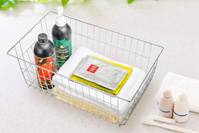 Freezer Wire Storage Baskets,Farmhouse Organizer Storage Bins Large Organizer Bins for Laundry Room, Closets, Garage, Office, Bathroom, Pantry Organization Storage Bins -Set of 2 (Chrome) - Image 3
