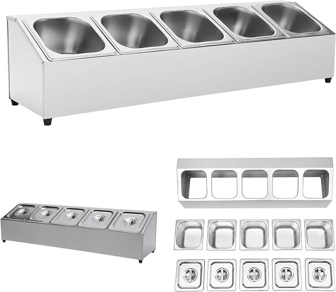 5 Pans Pizza Toppings Station Condiment Organizer Container Food Prep | Ingredients Holder Spice Rack Stainless Steel Candy Container Set with 5 Pans & Lids for Food Truck Restaurant Kitchen Buffet by kunghei