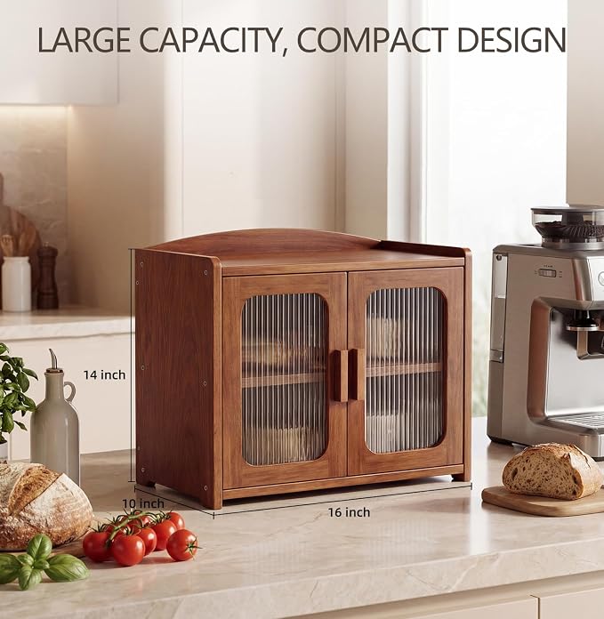Solid Wood Bread Box, Kitchen Countertop Storage Cabinet | 2-Tier Large Capacity, Help Keep Sourdough Bread Fresh, Countertop Storage Organizer for Kitchen & Pantry, Walnut Brown - Image 2