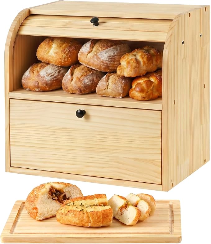 Sunhoo Wooden Bread Box for Kitchen Countertop, Roll Top Breadbox, Natural | Large Double Layer Pantry Container, Solid Wood with Cutting Board, Fresh Homemade Sourdough Bin Cabinet, Vintage Farmhouse by Sunhoo