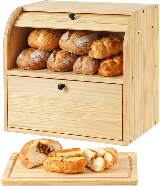 Sunhoo Wooden Bread Box for Kitchen Countertop, Roll Top Breadbox, Natural | Large Double Layer Pantry Container, Solid Wood with Cutting Board, Fresh Homemade Sourdough Bin Cabinet, Vintage Farmhouse by Sunhoo