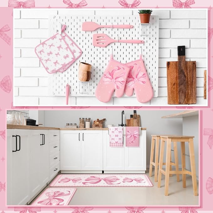 Fourluoo 30 Pcs Pink Bow Kitchen Decor and Utensils Set Pink Kitchen Towels and Rugs Oven Mitts and Pot Holders Non Toxic Silicone Utensils Set Heat Resistant Dishwasher for Cooking - Image 2