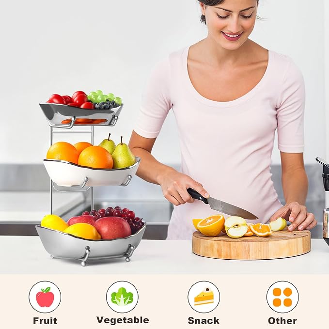 3 Tier Fruit Basket for Kitchen Counter, Detachable Ceramic Fruit Bowl Set with Metal Stand, Tiered Fruit Holder for Fruit Vegetable Dessert Storage, Countertop Organizer for Home, Silver - Image 7